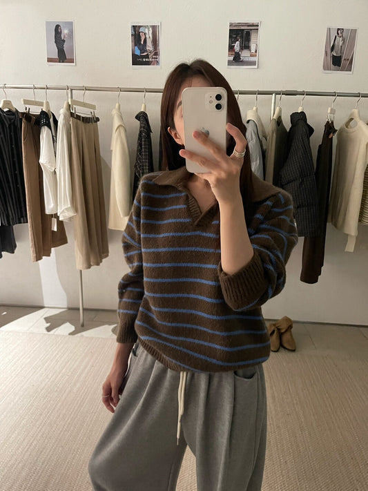 // 復古配色小V翻領間條毛衣