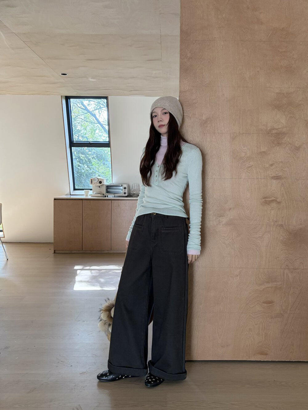 // 雙口袋裝飾加絨卷邊褲(連腰帶)