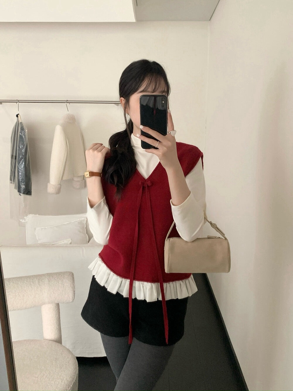 // 蝴蝶結設計拼接花邊針織背心+混羊毛打底套裝