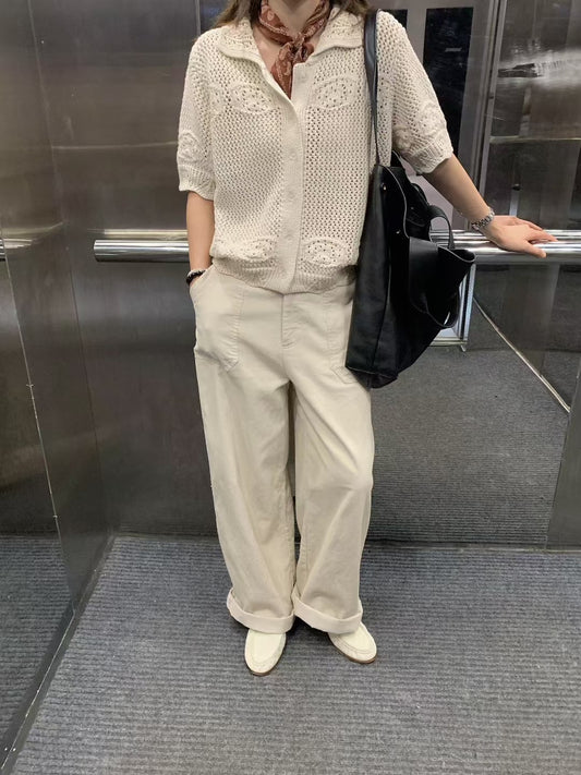 // 高質純棉鈎織花紋翻領上衣
