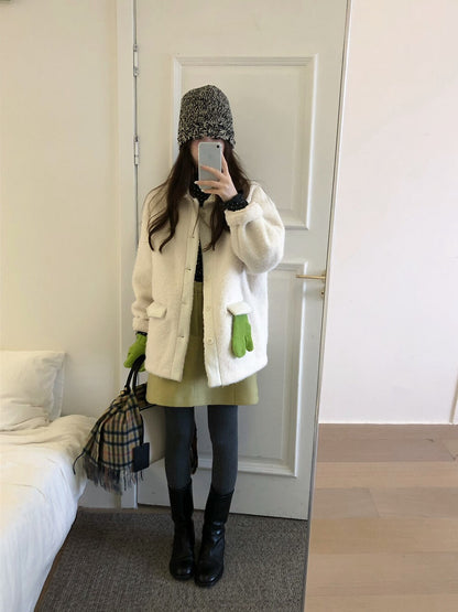 // 拼接材質羊羔毛翻領中長外套