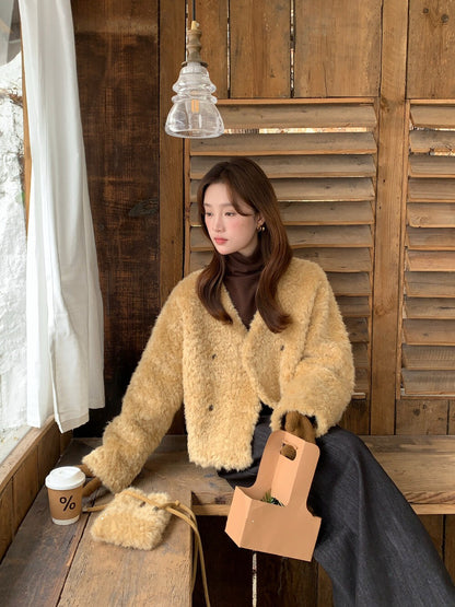 // V領雙排扣毛毛皮毛一體外套(連袋仔)