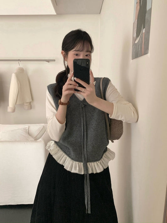 // 蝴蝶結設計拼接花邊針織背心+混羊毛打底套裝