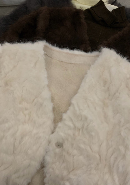 // 高級感皮毛一體V領毛毛外套