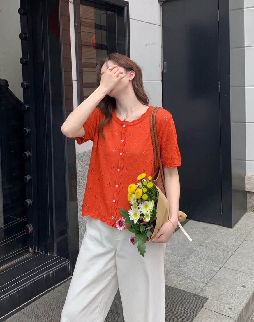 // 鏤空鈎花花邊領短袖CD