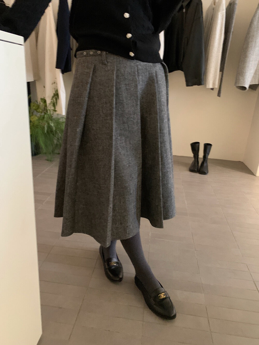 // 韓式復古粗百褶半裙(連腰帶)