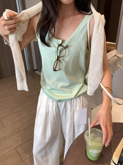 // 天絲麻U領半鈕扣夏天必入背心