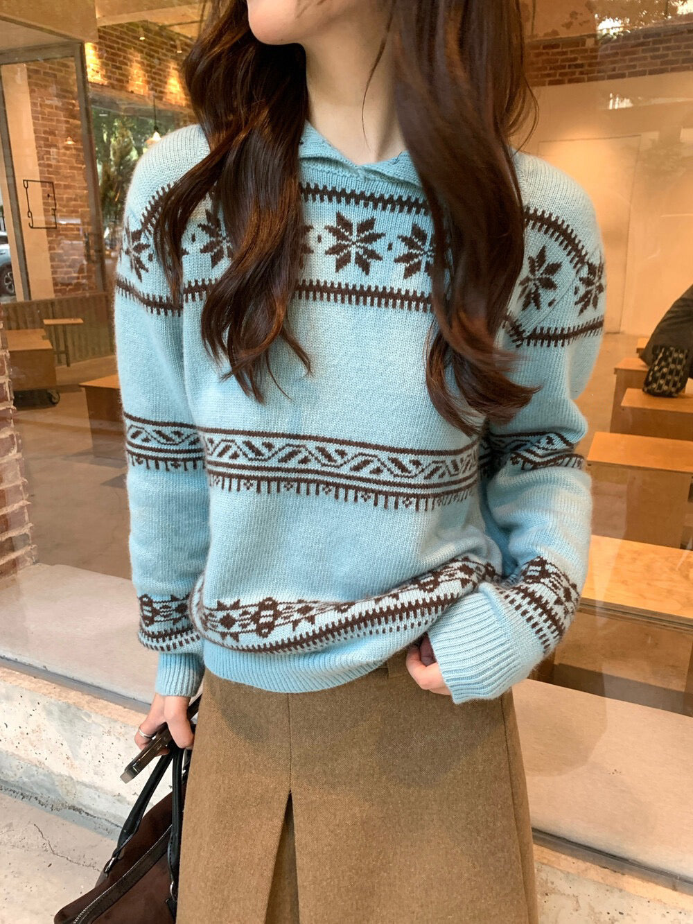 // 10%raccoon雪花花紋翻領毛衣