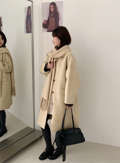 // 經典翻領口袋中長100%羊毛手工雙面外套(連頸巾)￼