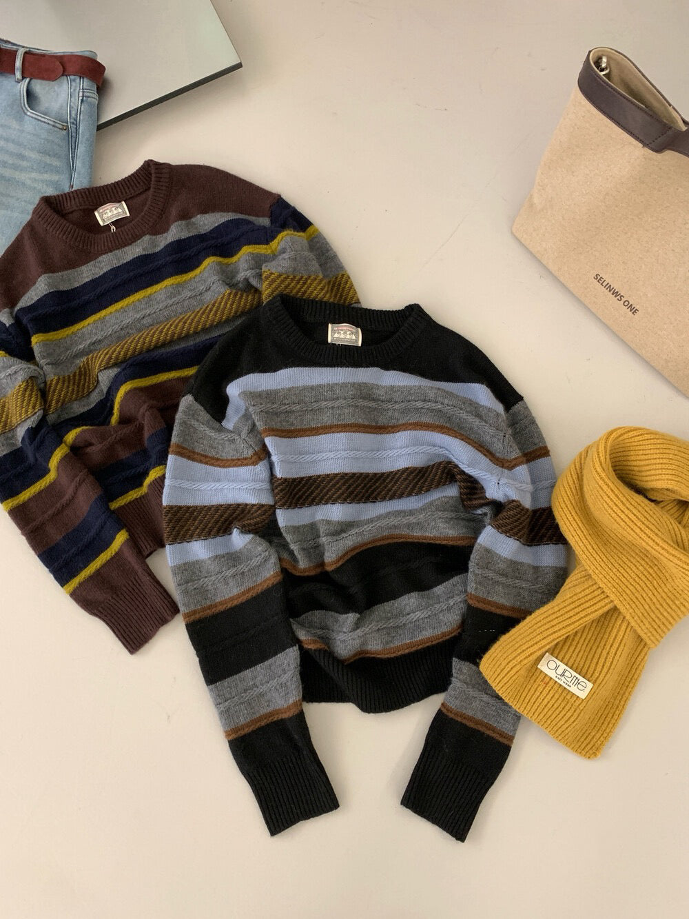 // 10%raccoon復古配色間條毛衣