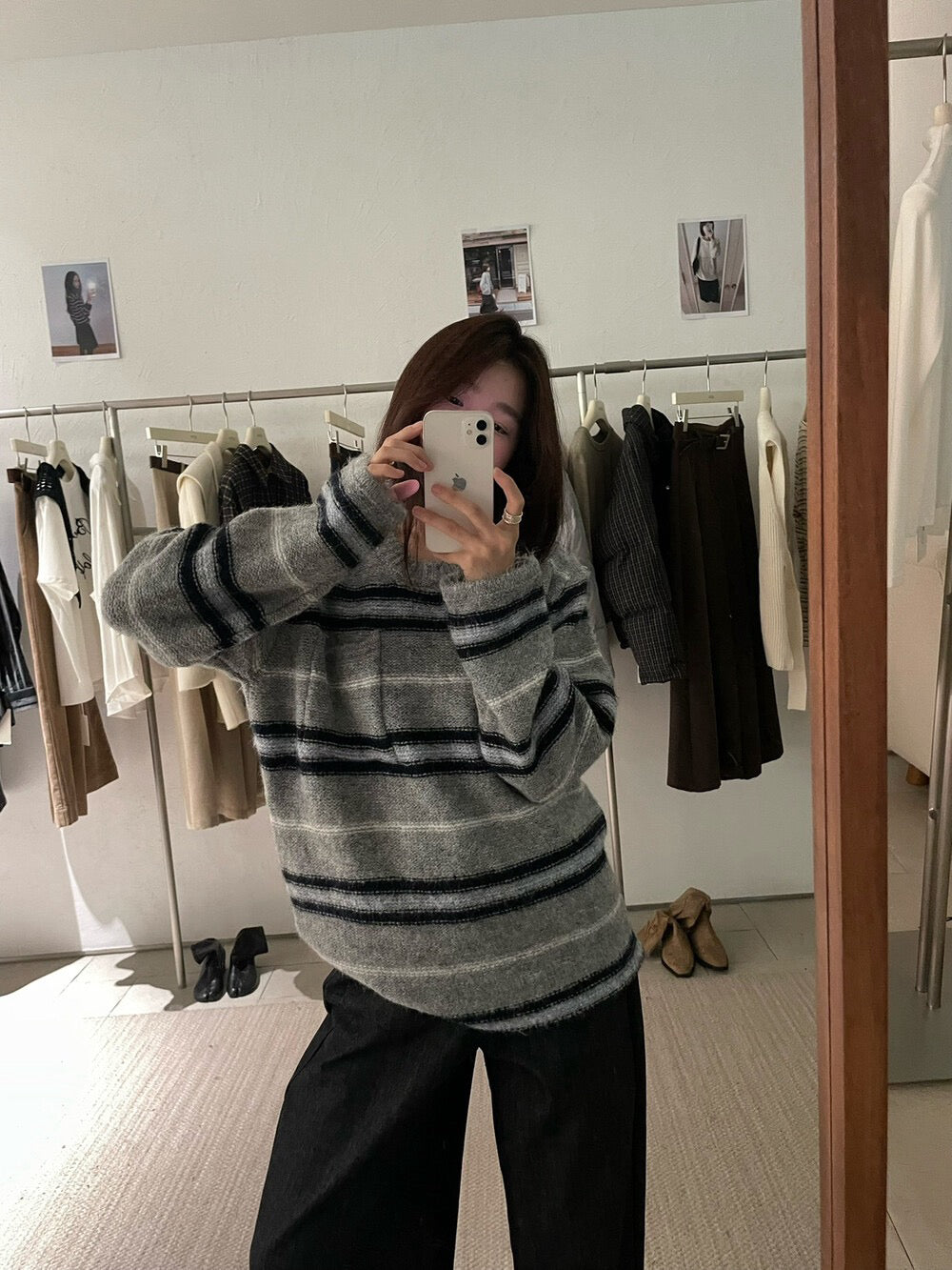 // 復古撞色間條口袋軟糯毛衣