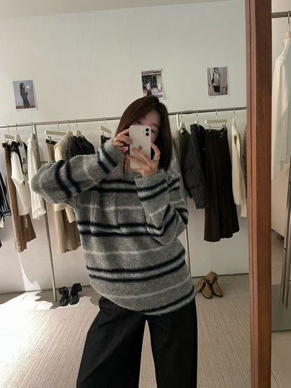 // 復古撞色間條口袋軟糯毛衣