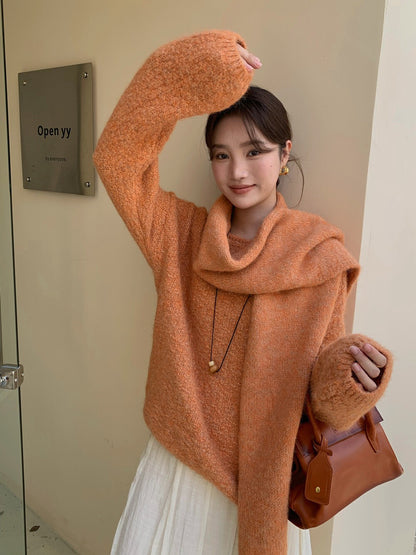 // 慵懶感寬鬆款連頸巾毛衣