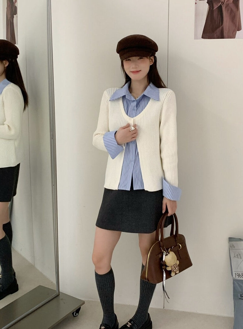 // 間條恤衫拼接針織外套假兩件上衣