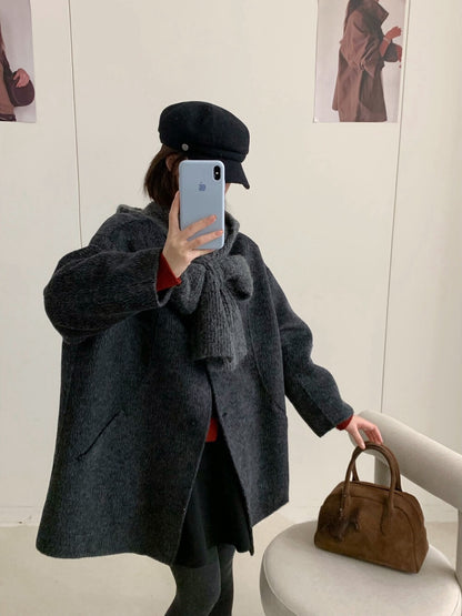 // 10%alpaca+90%wool簡約圓領手工外套(連頸巾)