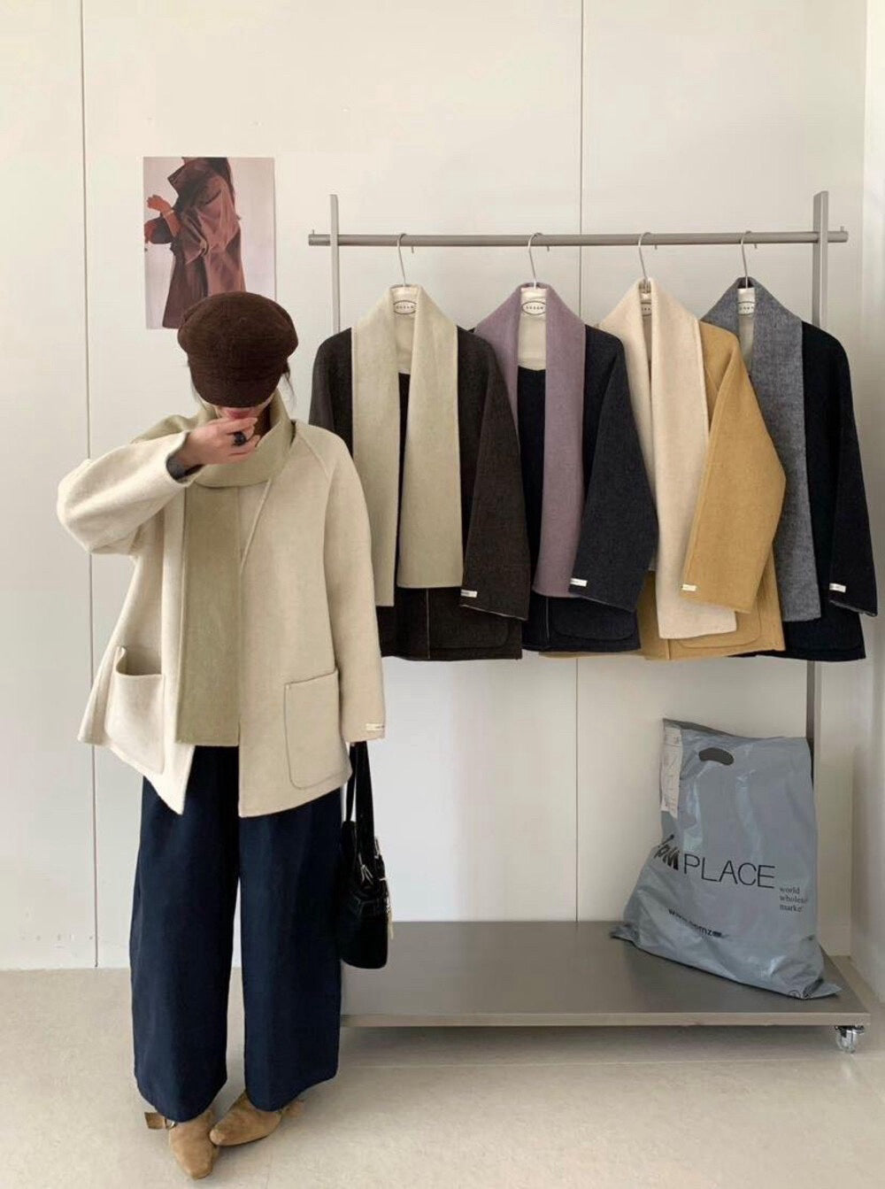 // 超氣質內撞色簡潔圓領100%手工雙面羊毛外套(連頸巾)