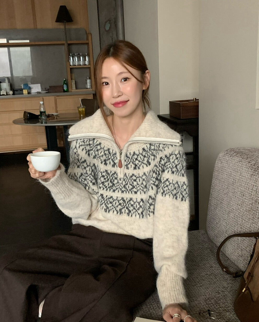 // 11%wool北歐風花紋半拉鍊可立領毛衣