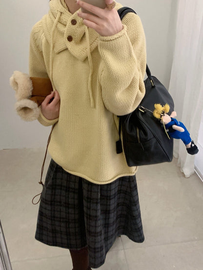 // 棉感卷邊圓領連鈕扣帽毛衣