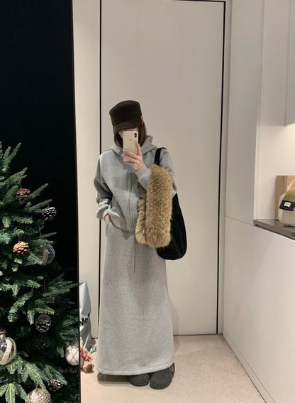 // 可拆毛毛領連帽拉鍊衛衣外套+中裙套裝￼