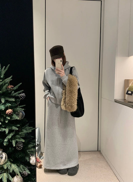 // 可拆毛毛領連帽拉鍊衛衣外套+中裙套裝￼