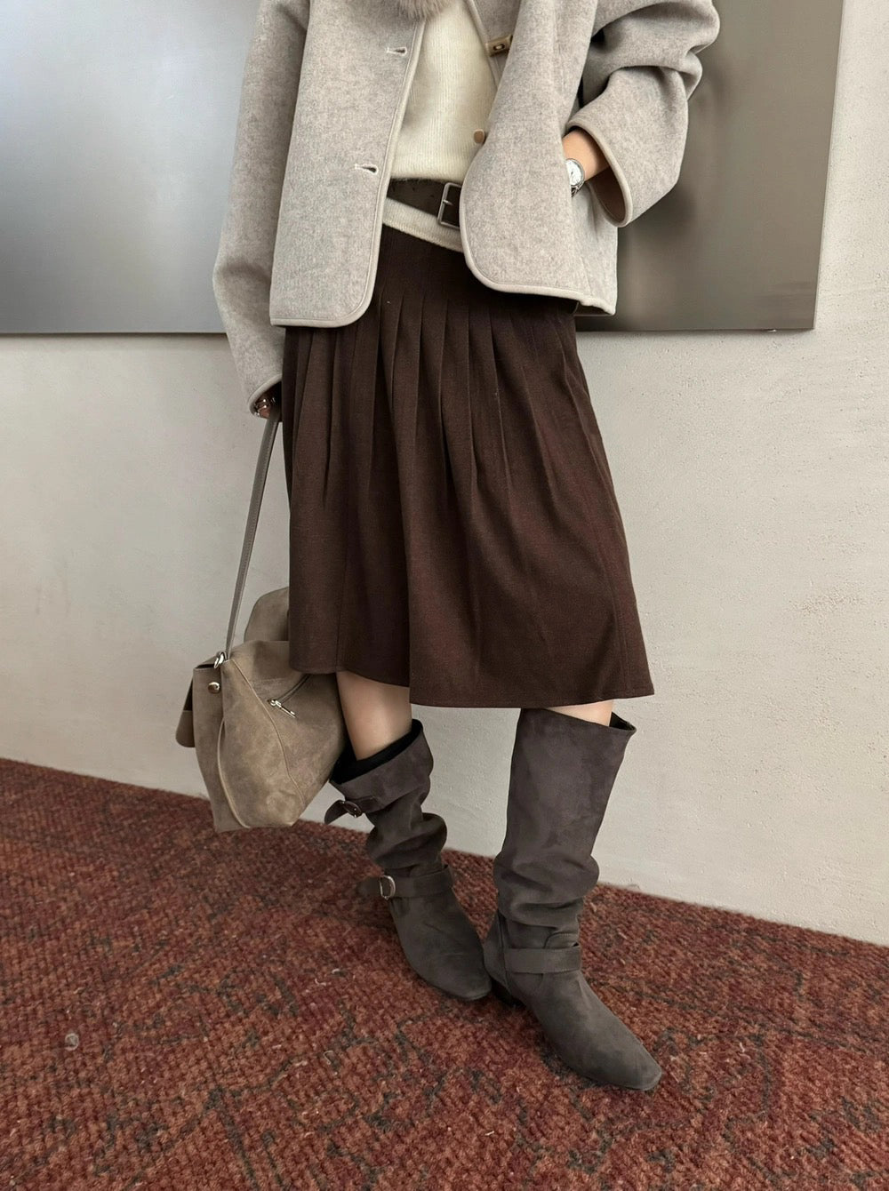 S37 / 秋冬高腰壓褶五分中裙(連腰帶)