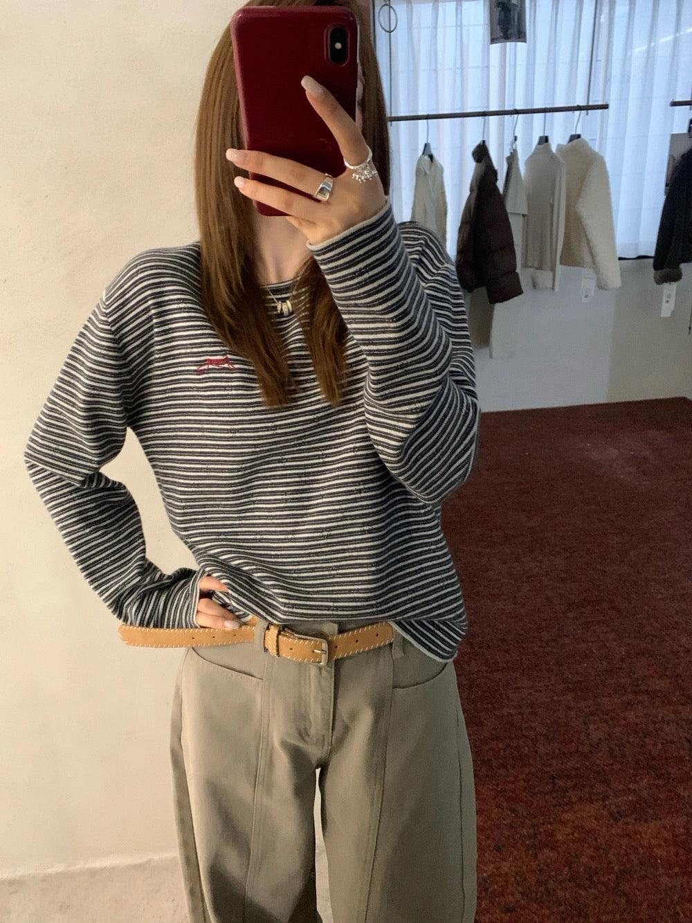 B277 / 小刺繡細間條撞色圓領針織上衣(11%羊毛)