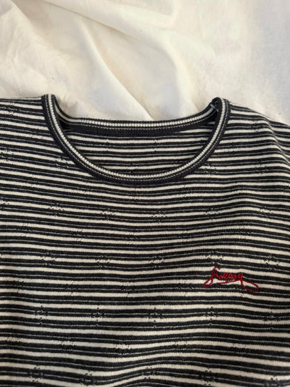 B277 / 小刺繡細間條撞色圓領針織上衣(11%羊毛)