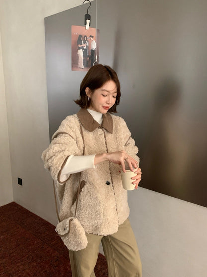 J64 / 拼接燈芯絨領包邊毛絨絨外套(連袋仔)
