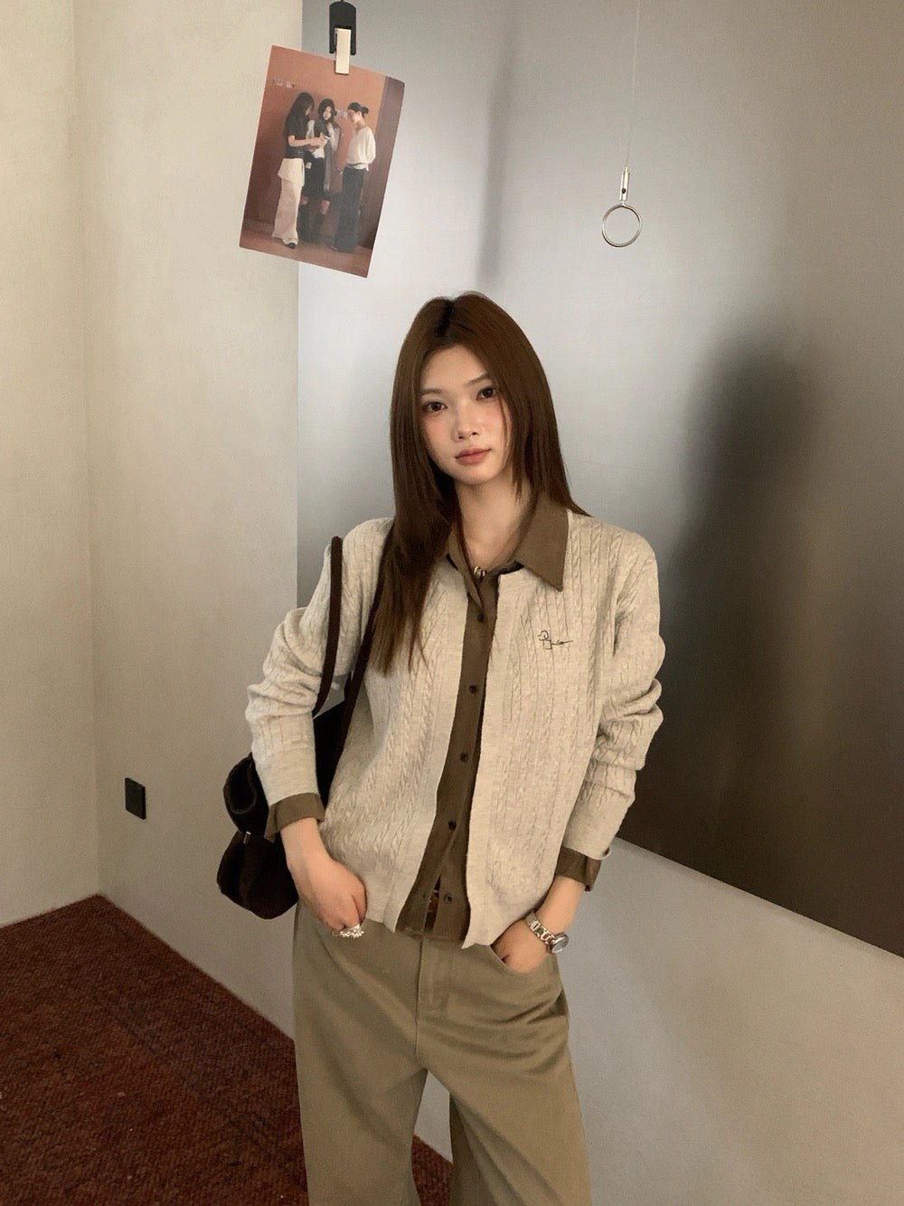 C96 / 拼接假兩件恤衫邊小麻花針織外套
