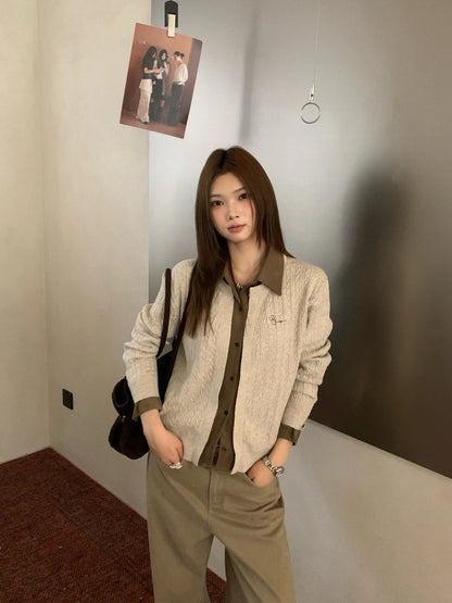 C96 / 拼接假兩件恤衫邊小麻花針織外套