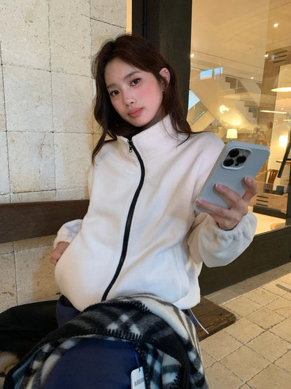 J66 / 帥氣慵懶搖粒絨撞色邊立領外套