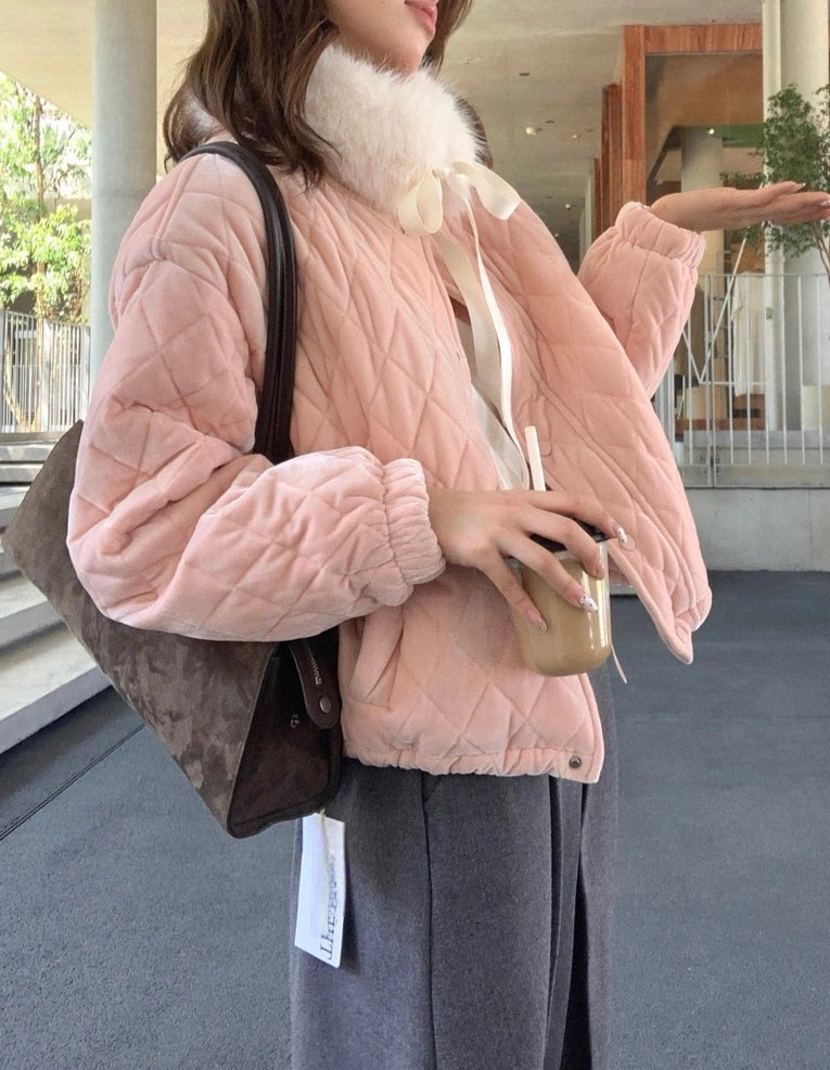 J68 / 質感絲絨菱格夾棉外套(連可拆毛領)