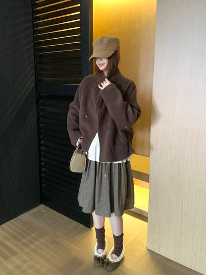 J69 / 霧感毛茸茸復古立領可束腰短外套