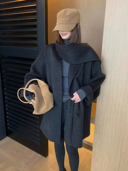 J70 / 高級感翻領口袋手工羊毛外套(連腰帶)(10%alpaca+90%wool)