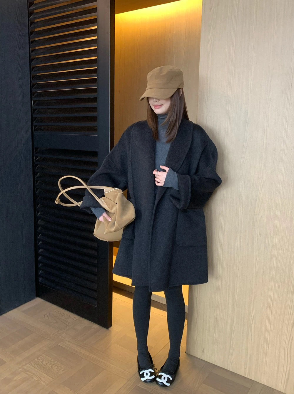 J70 / 高級感翻領口袋手工羊毛外套(連腰帶)(10%alpaca+90%wool)