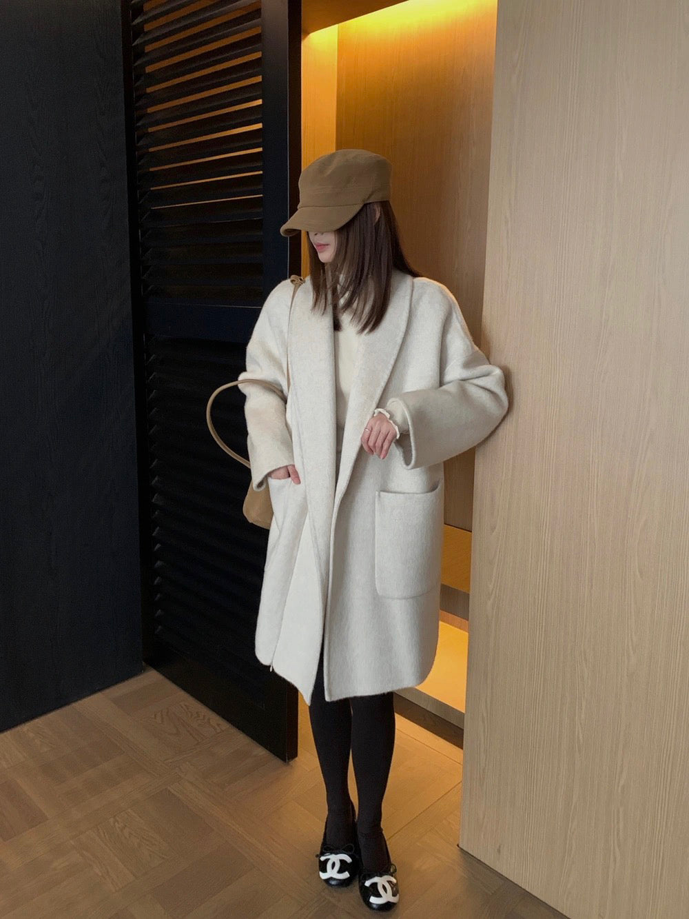 J70 / 高級感翻領口袋手工羊毛外套(連腰帶)(10%alpaca+90%wool)