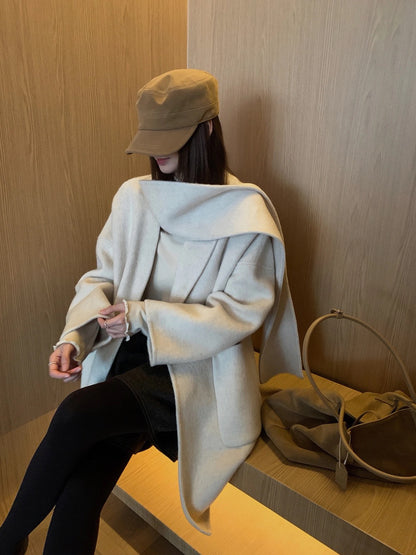 J70 / 高級感翻領口袋手工羊毛外套(連腰帶)(10%alpaca+90%wool)