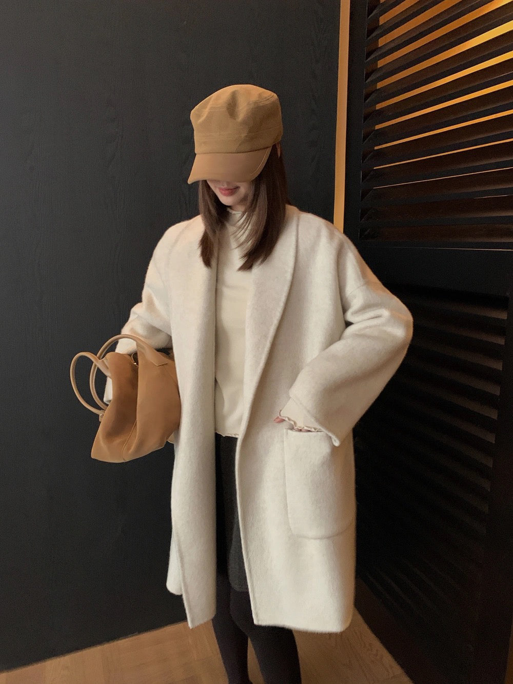 J70 / 高級感翻領口袋手工羊毛外套(連腰帶)(10%alpaca+90%wool)