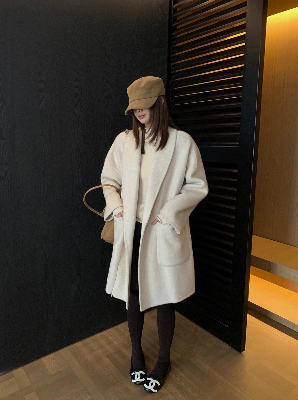 J70 / 高級感翻領口袋手工羊毛外套(連腰帶)(10%alpaca+90%wool)