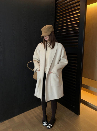 J70 / 高級感翻領口袋手工羊毛外套(連腰帶)(10%alpaca+90%wool)