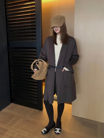 J70 / 高級感翻領口袋手工羊毛外套(連腰帶)(10%alpaca+90%wool)