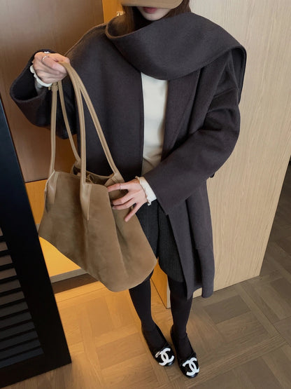 J70 / 高級感翻領口袋手工羊毛外套(連腰帶)(10%alpaca+90%wool)