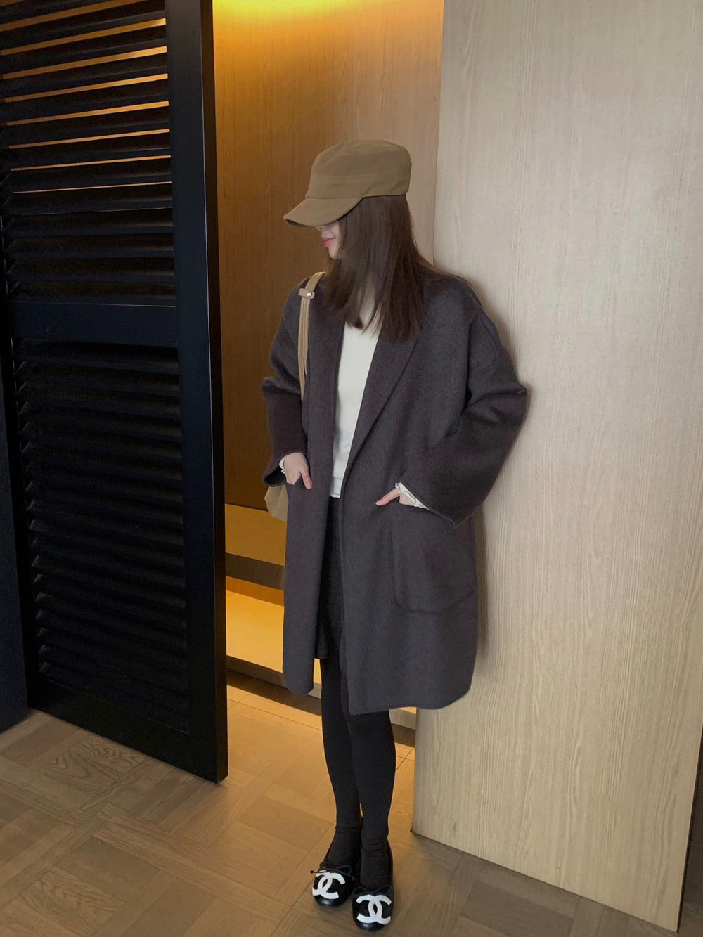 J70 / 高級感翻領口袋手工羊毛外套(連腰帶)(10%alpaca+90%wool)