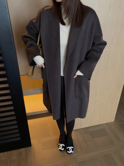 J70 / 高級感翻領口袋手工羊毛外套(連腰帶)(10%alpaca+90%wool)