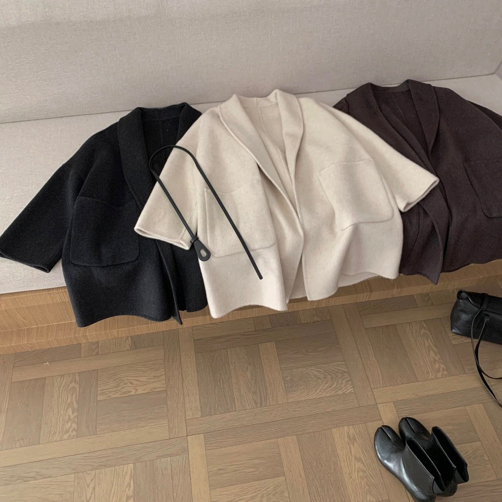 J70 / 高級感翻領口袋手工羊毛外套(連腰帶)(10%alpaca+90%wool)