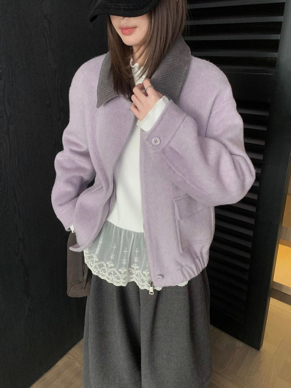 J71 / 超韓重工拼燈芯絨疊領羊毛外套(領子可拆)(65%wool)