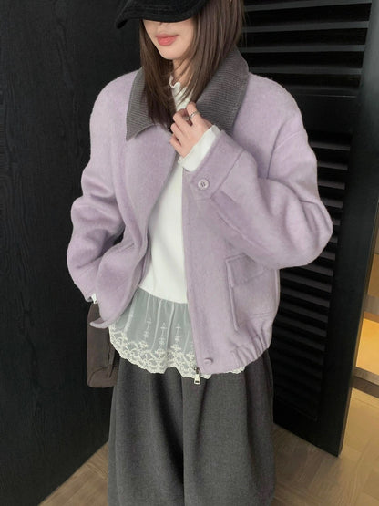 J71 / 超韓重工拼燈芯絨疊領羊毛外套(領子可拆)(65%wool)