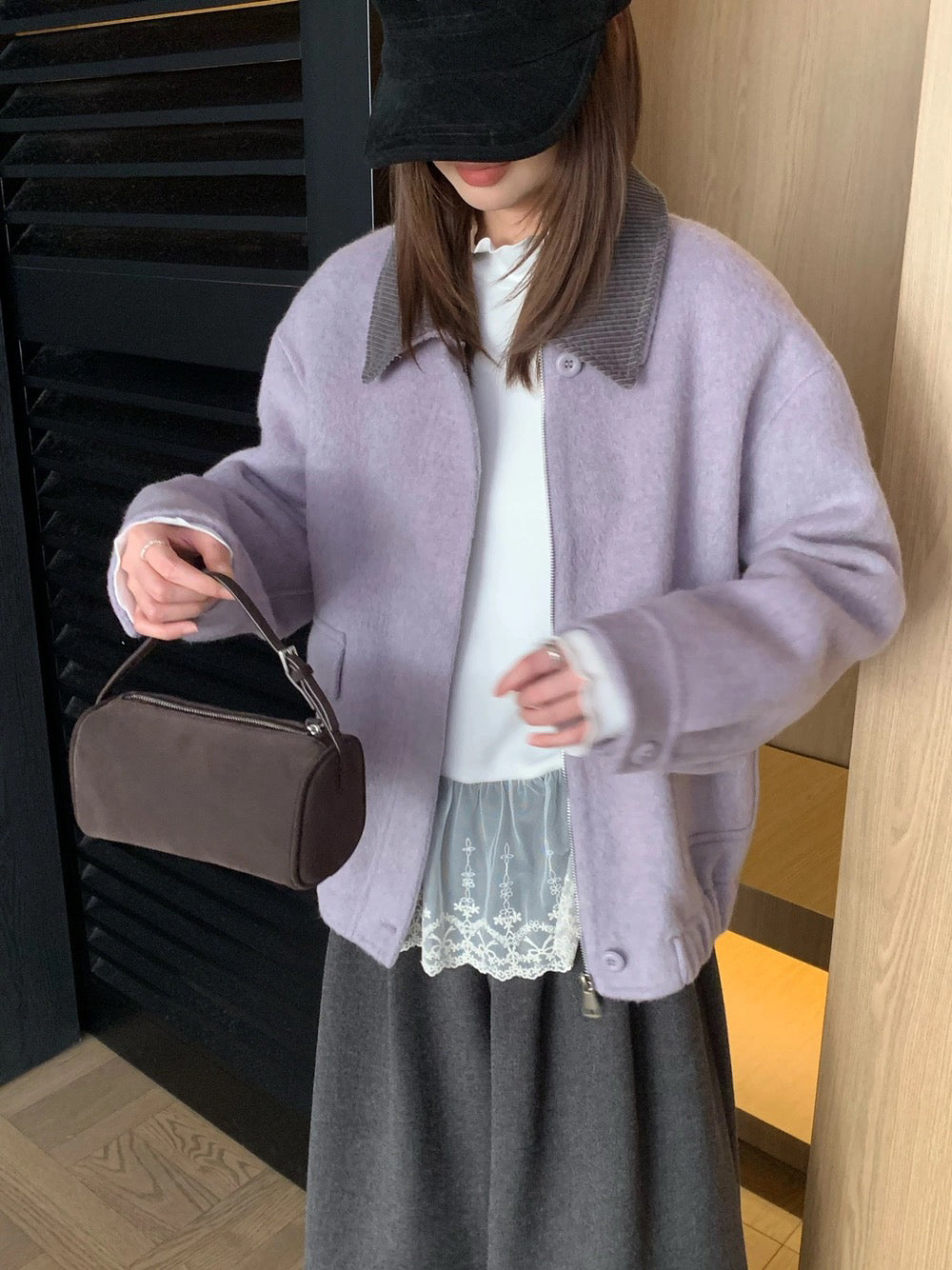 J71 / 超韓重工拼燈芯絨疊領羊毛外套(領子可拆)(65%wool)
