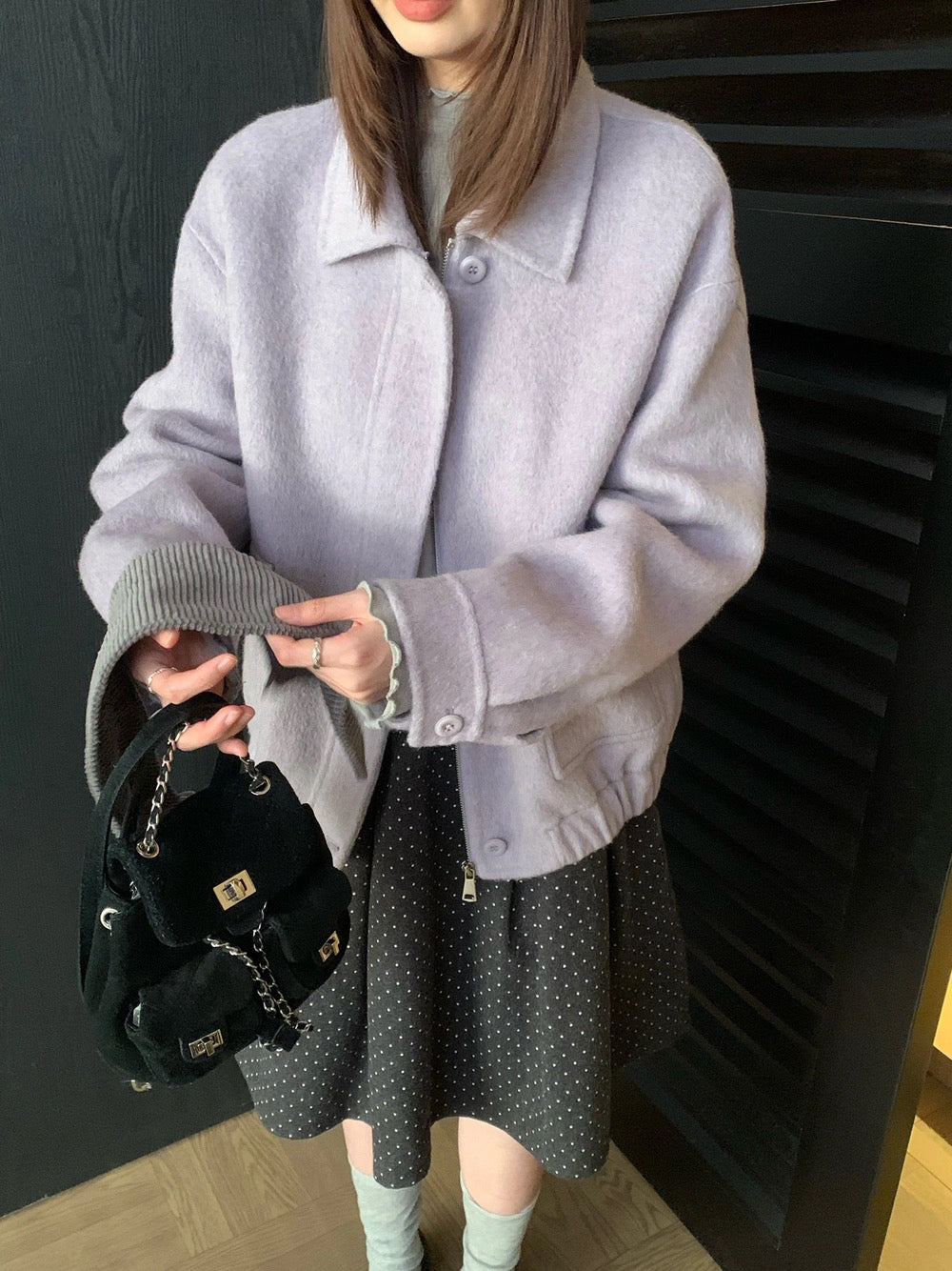 J71 / 超韓重工拼燈芯絨疊領羊毛外套(領子可拆)(65%wool)