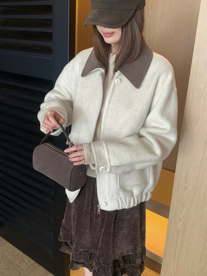 J71 / 超韓重工拼燈芯絨疊領羊毛外套(領子可拆)(65%wool)